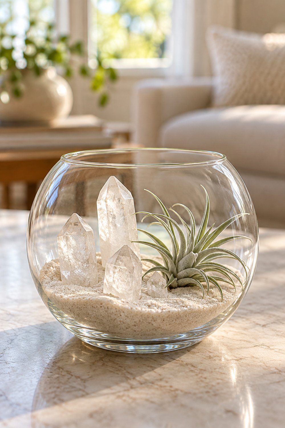 Clear quartz points surround an air plant in a small round bowl