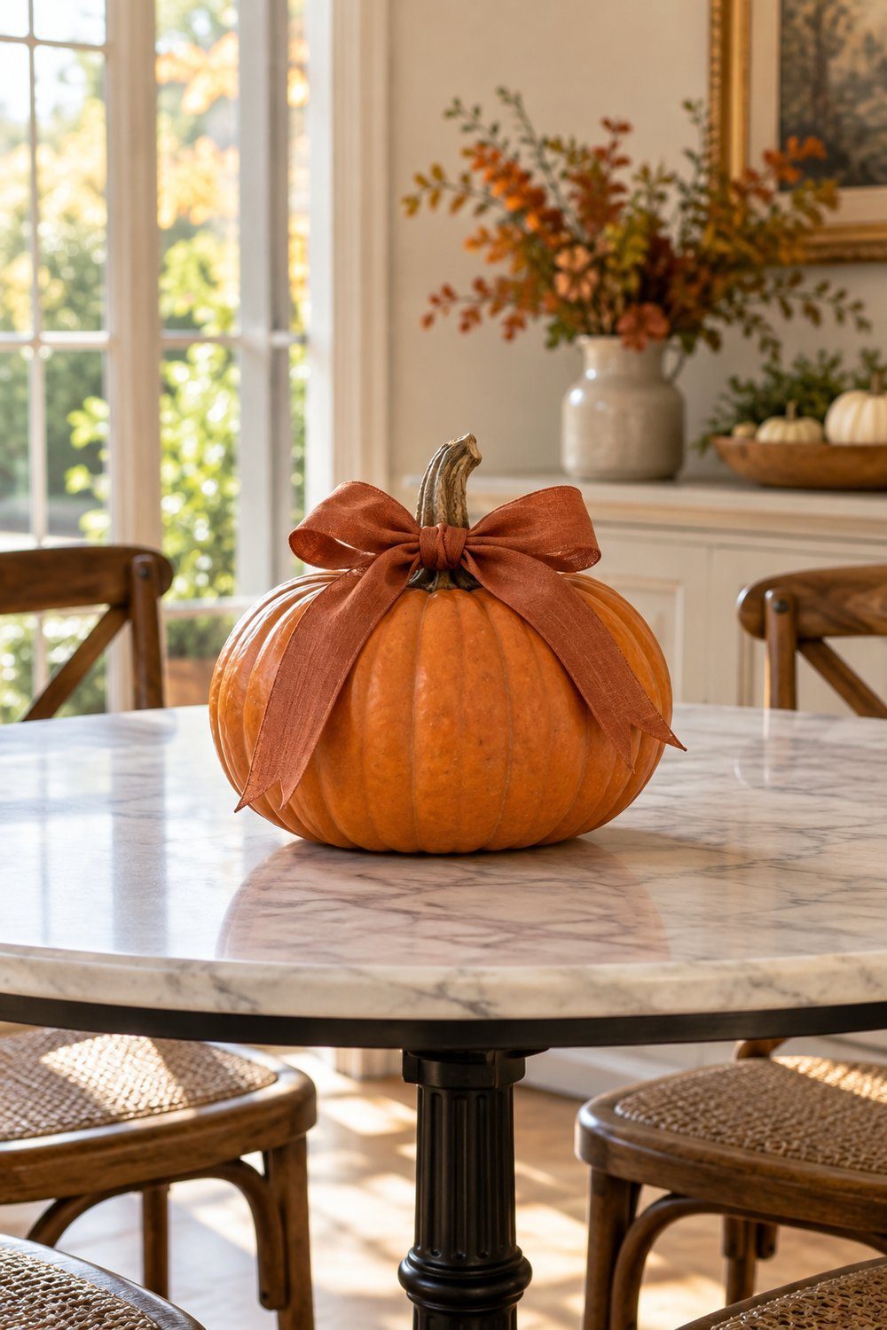 Whole orange pumpkin with a rust ribbon tied around its intact stem
