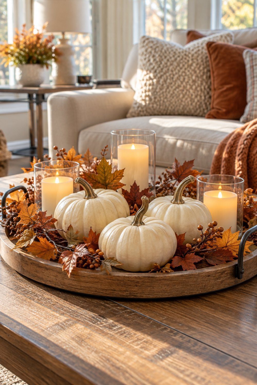Whole small pumpkins and separate LED candleholders on a single-level round tray