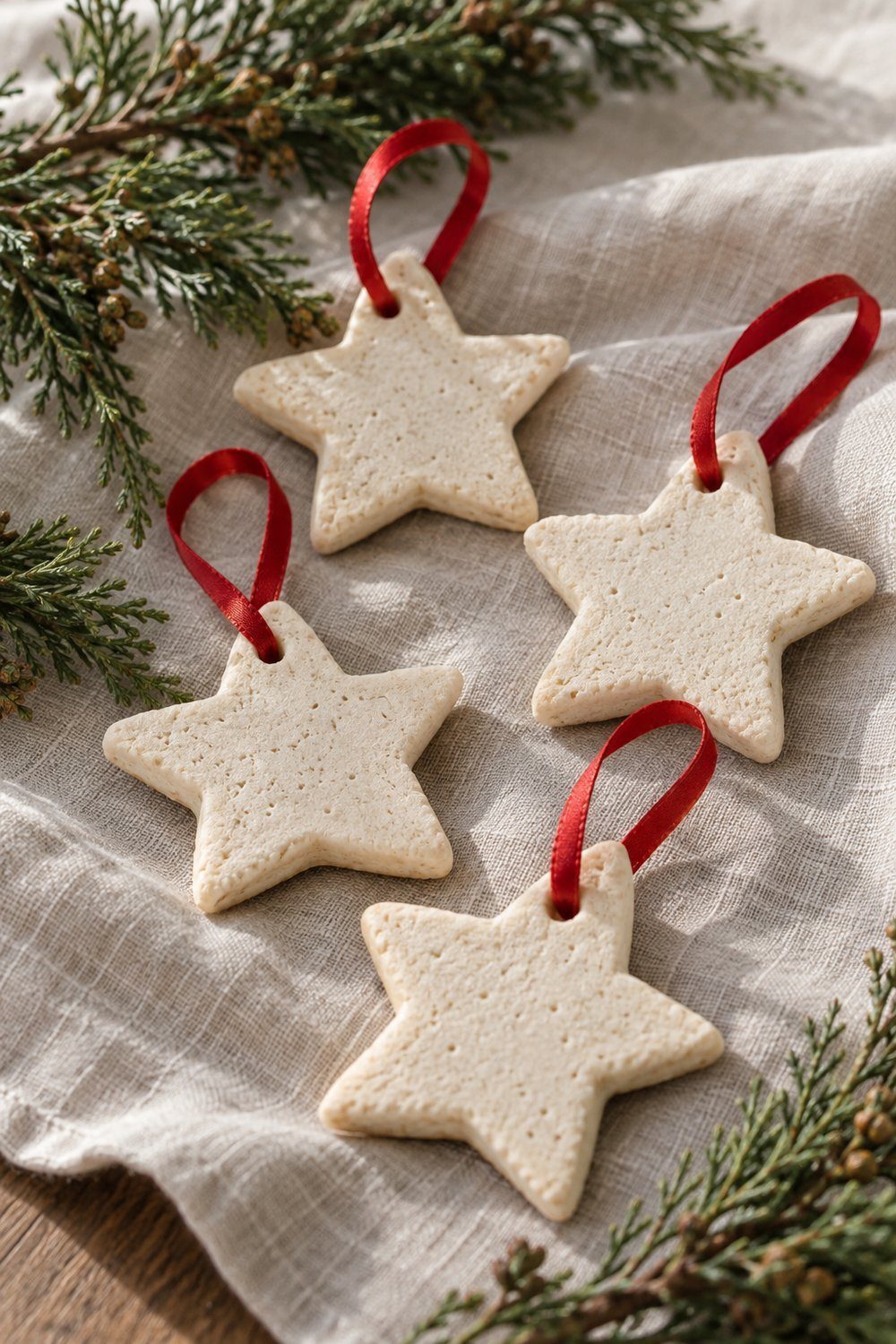 Cream salt dough stars with simple red ribbon loops rest on linen beside cedar sprigs