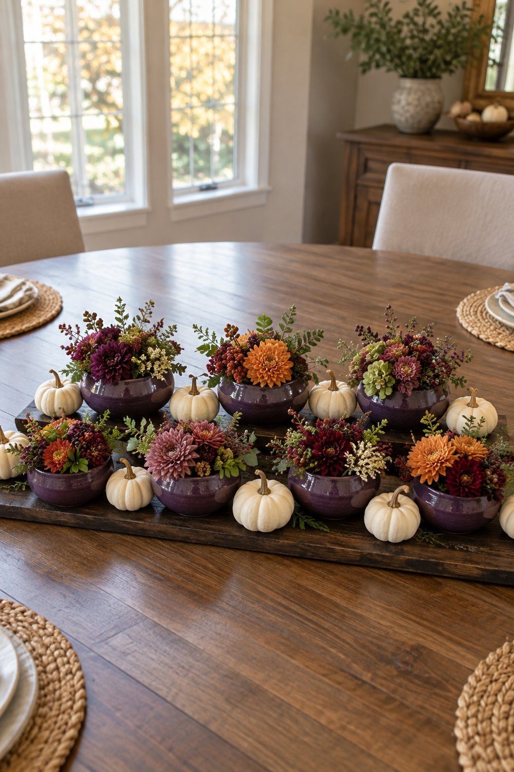 Low purple vessels and whole white pumpkins grouped on a serving board