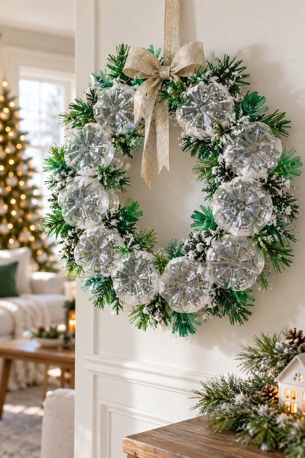 Christmas decorations made from plastic bottles Snowy wreath of recycled bottle bottoms with green plastic leaf accents