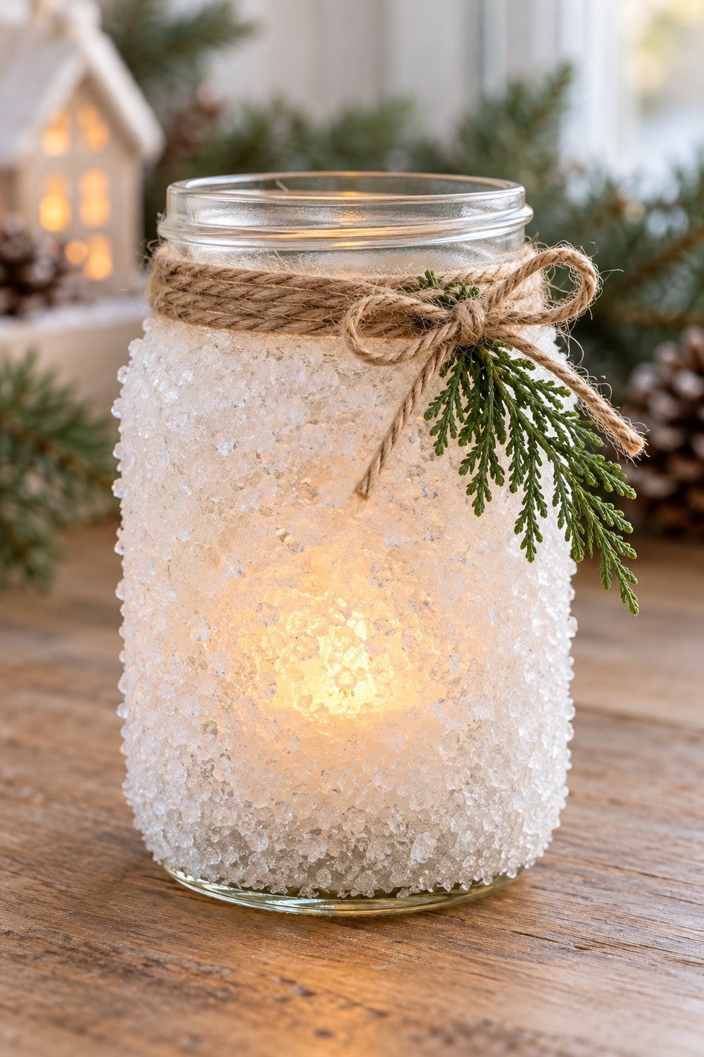 A plain unbranded mason jar with white Epsom salt frosting twine neck bow and a
