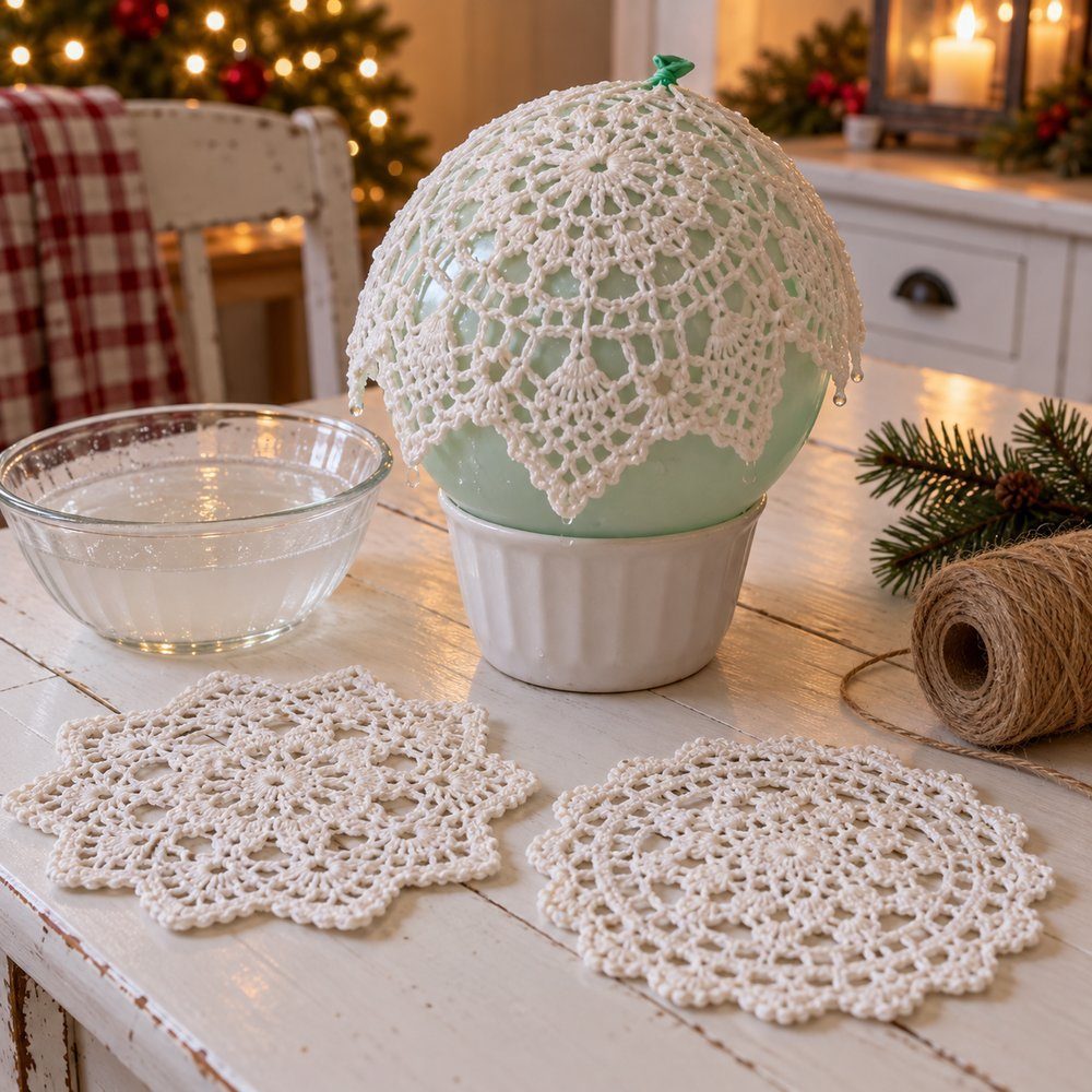 Glue-soaked cotton lace overlaps on a small round balloon before drying.