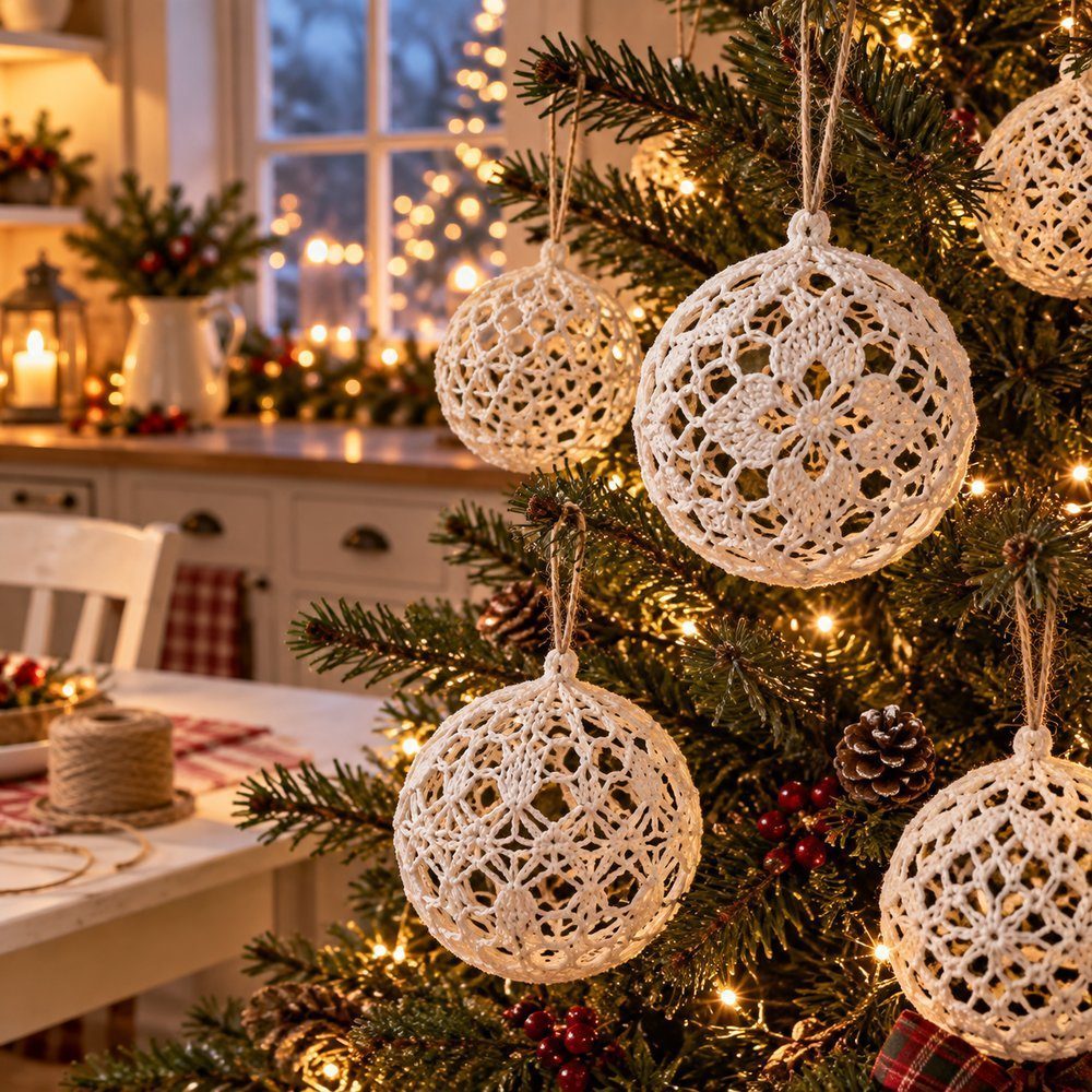 Finished hollow cotton lace baubles hang on ribbon against Christmas greenery.