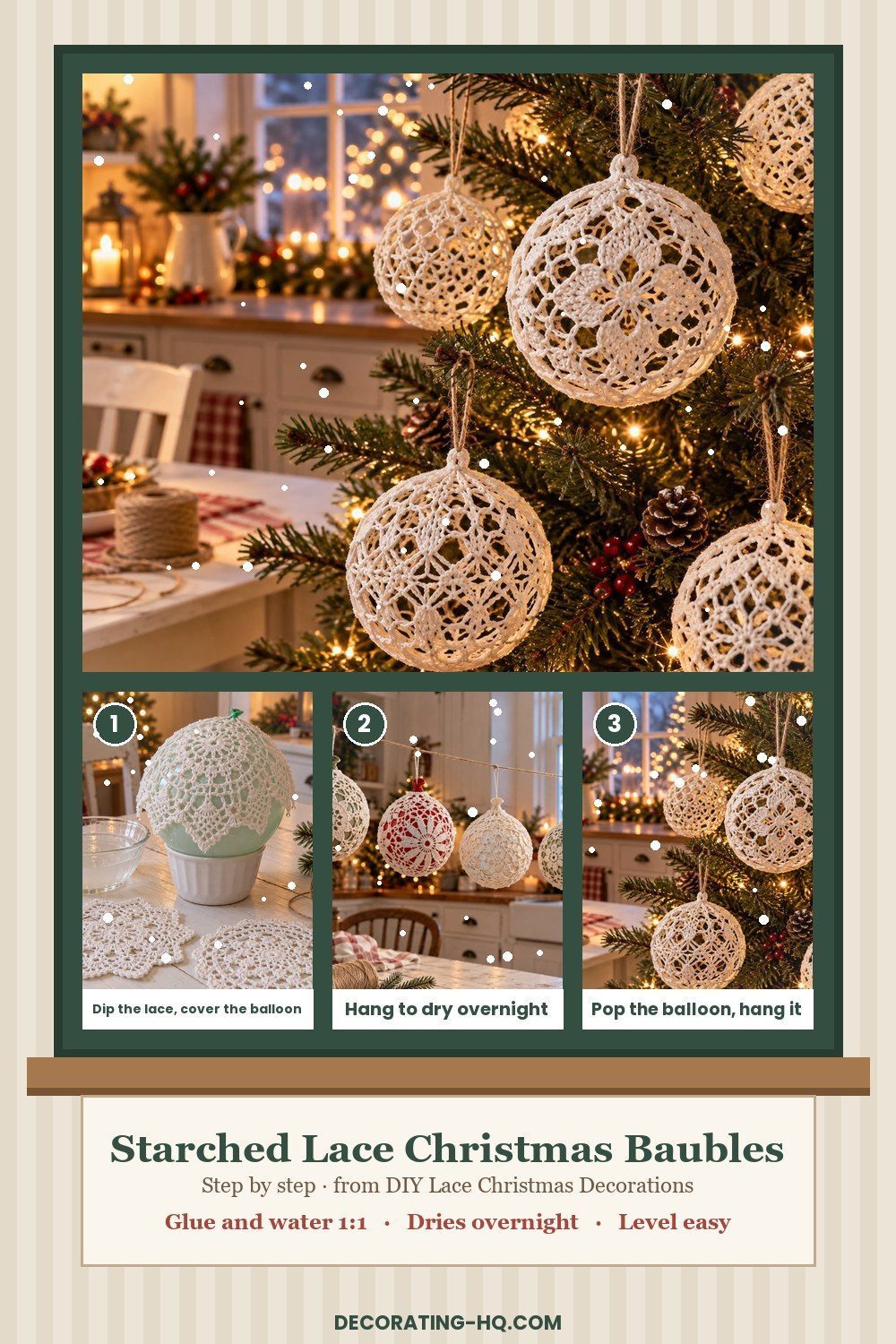 Step by step starched lace Christmas baubles: dip the lace, cover a balloon, dry overnight and hang them on the tree