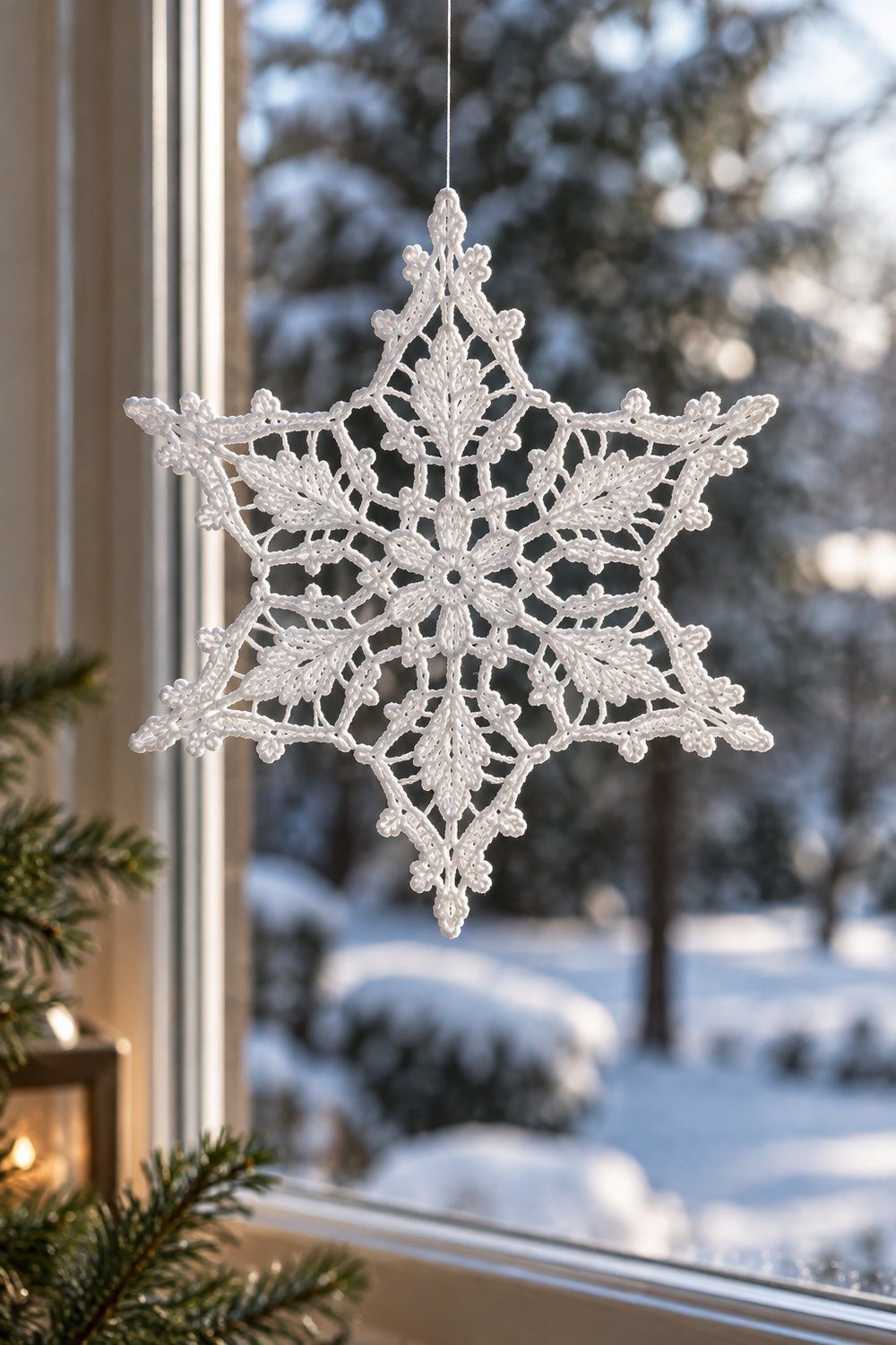 A crisp white lace snowflake hangs in a softly lit Christmas window.