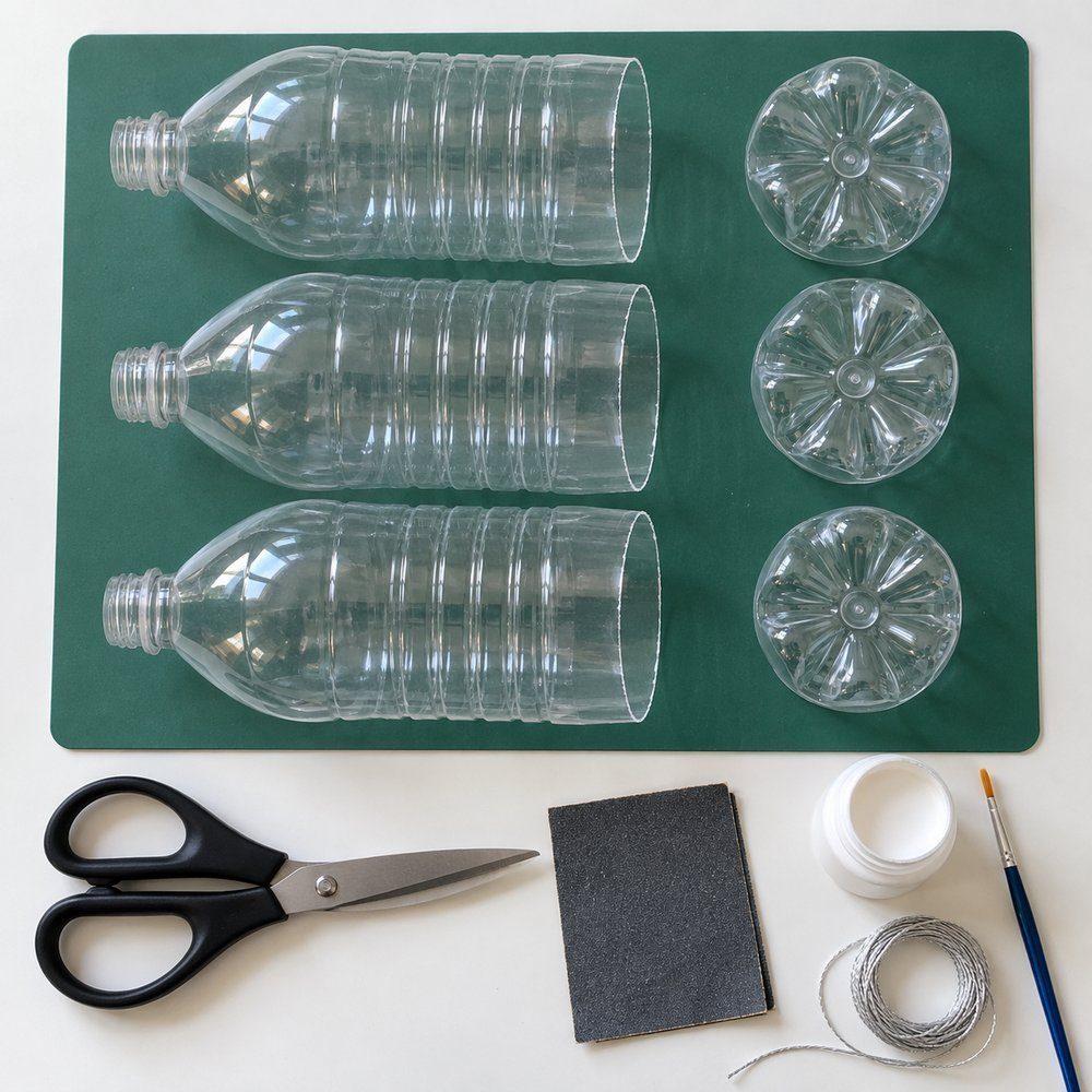 Christmas decorations made from plastic bottles Clear bottle bottoms with cut edges sanded smooth on a craft table