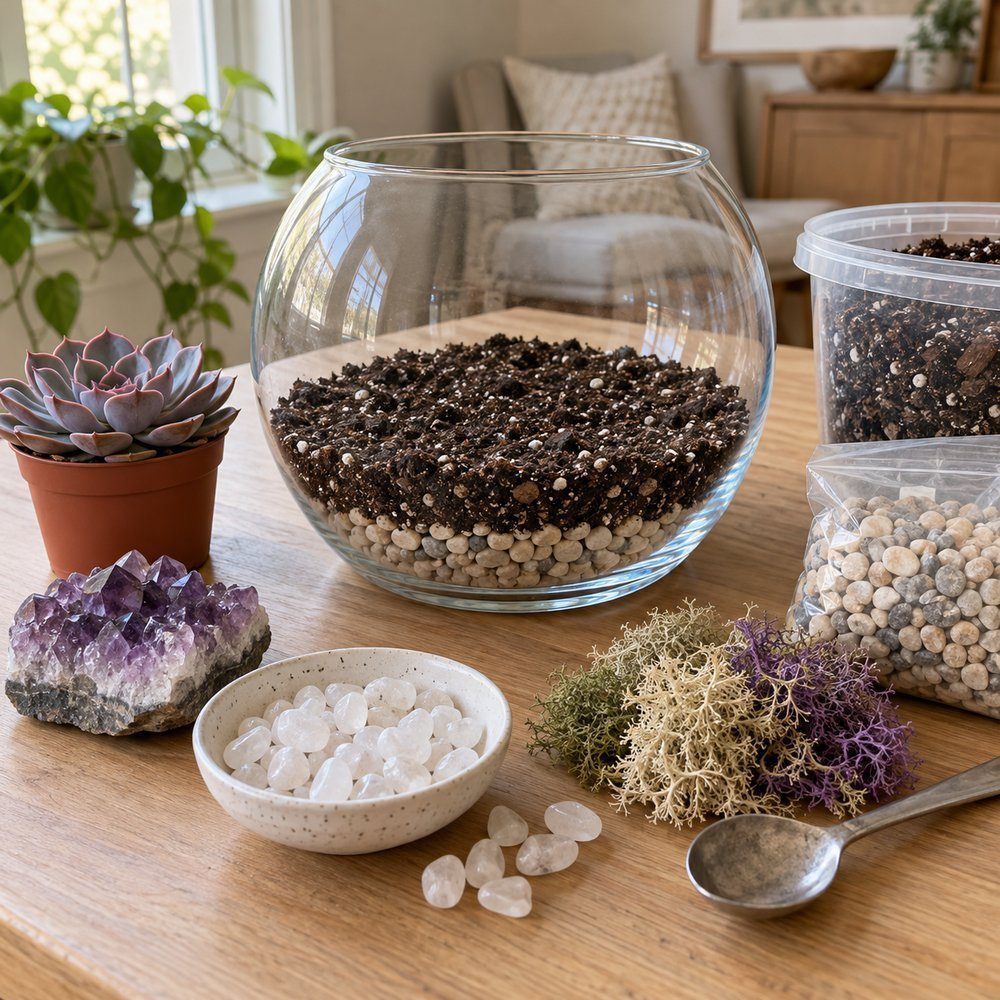 Cactus potting mix fills a wide open glass bowl before planting