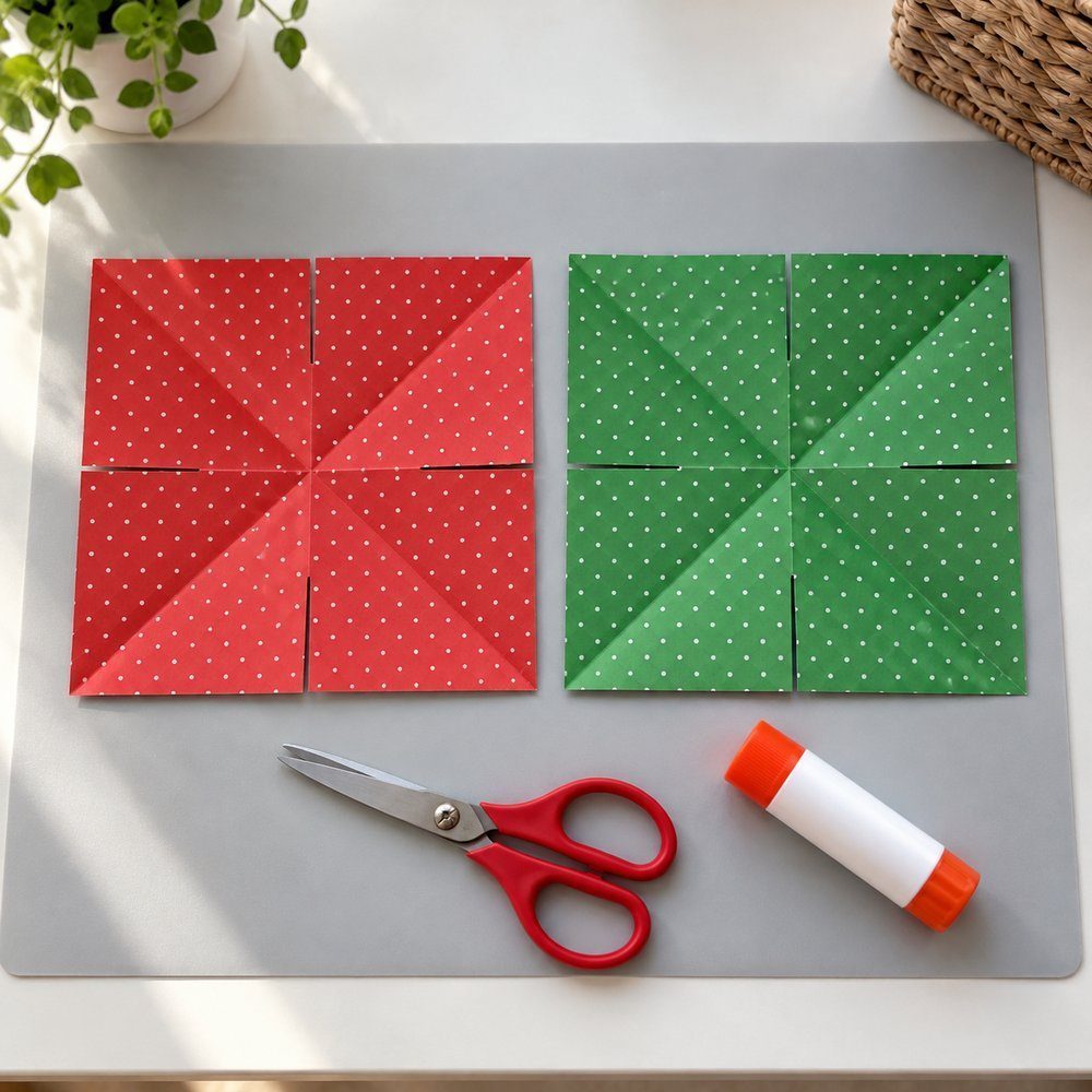 Two creased paper squares with short cuts toward the center, scissors and glue stick