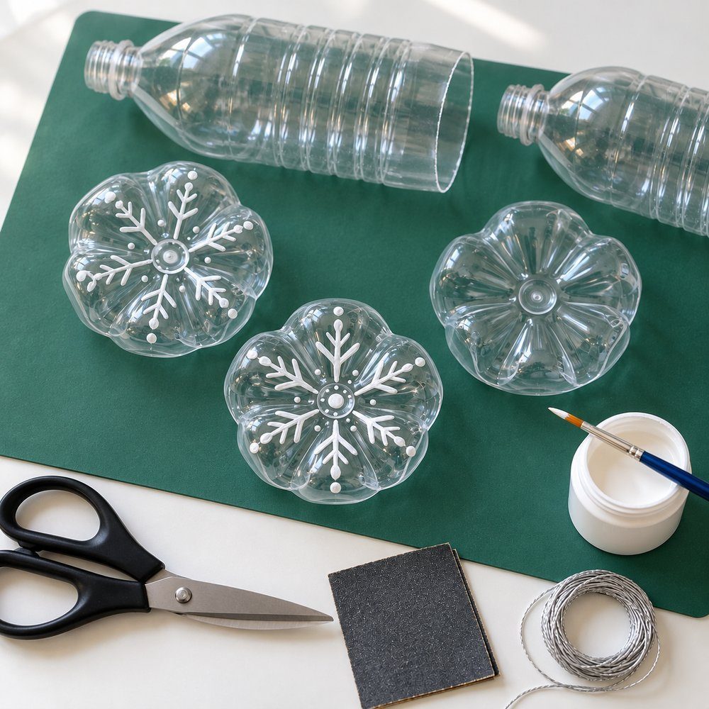 Christmas decorations made from plastic bottles White snowflake lines being painted inside clear plastic bottle bottoms