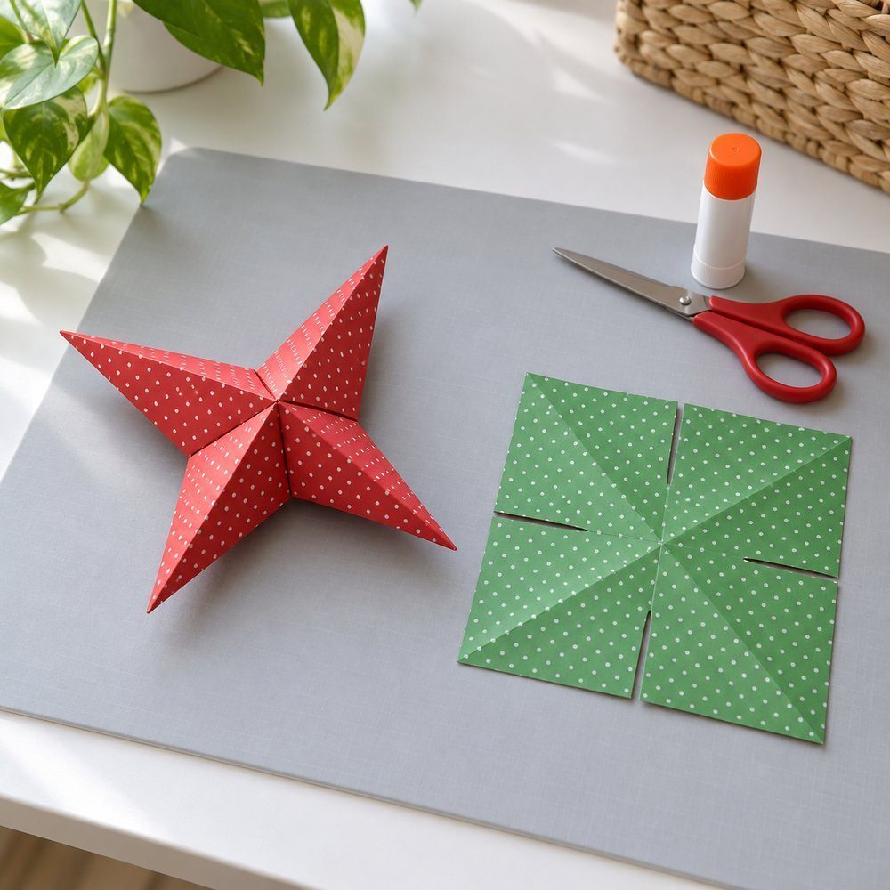 One paper square folded into a raised four-point star half beside a flat cut square