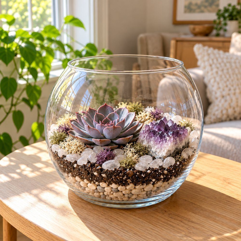 Amethyst, dried moss and quartz pebbles finish the open succulent bowl