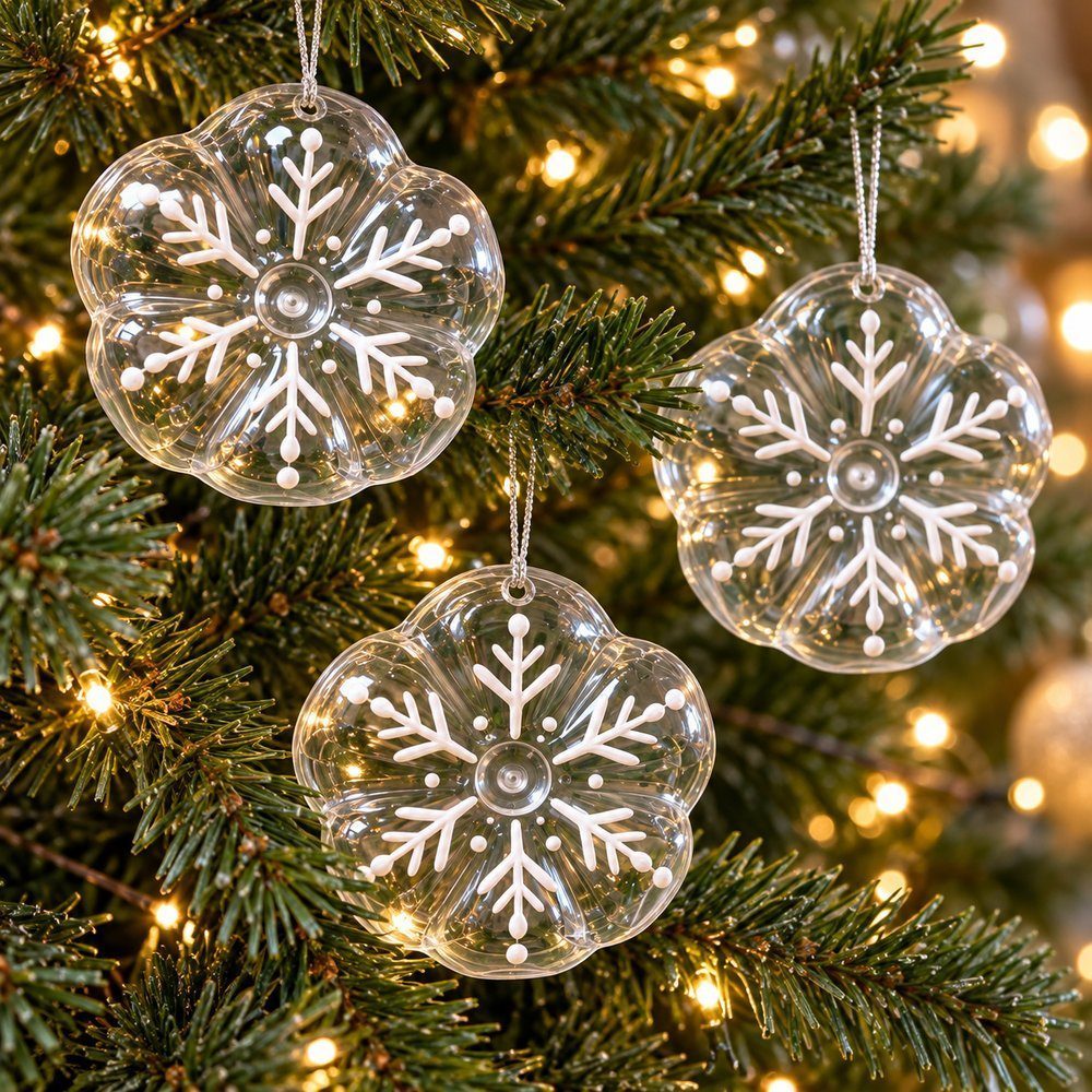 Christmas decorations made from plastic bottles Finished painted bottle-bottom snowflakes hanging by ribbon on a Christmas tree
