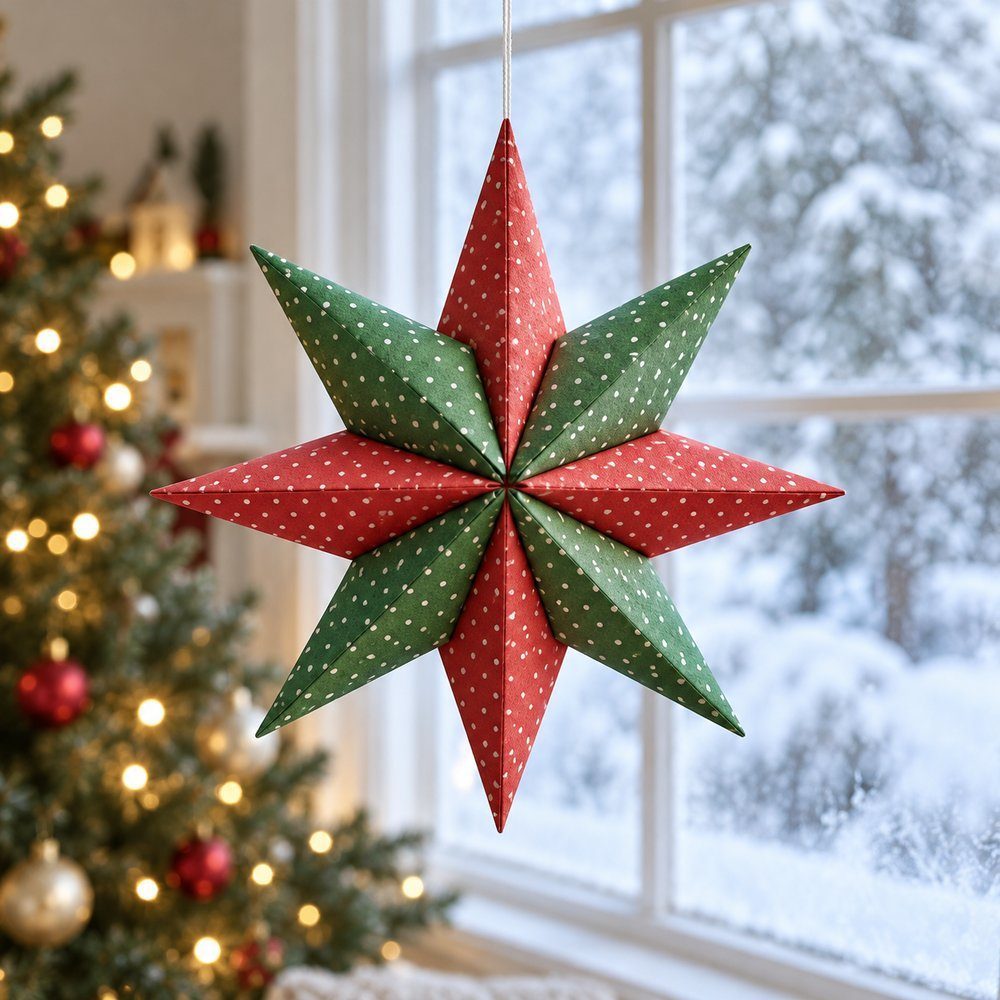 Finished red and green 3D eight-point paper star hanging by a frosty window