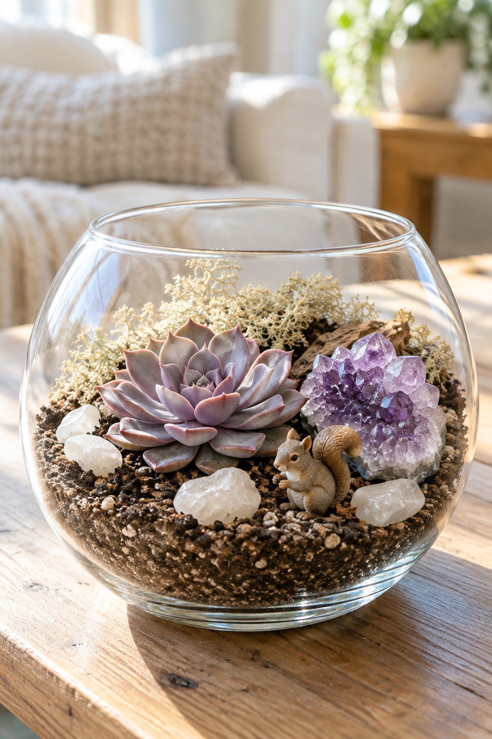 A small echeveria and amethyst share an open bowl with a squirrel
