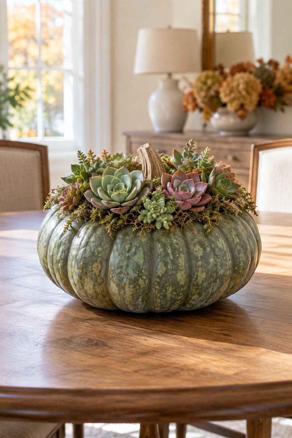 Whole heirloom pumpkin crowned with living succulents on a round dining table