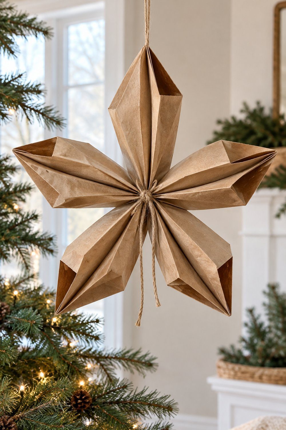 Pleated gusseted-bag paper star with a tied center hanging near greenery