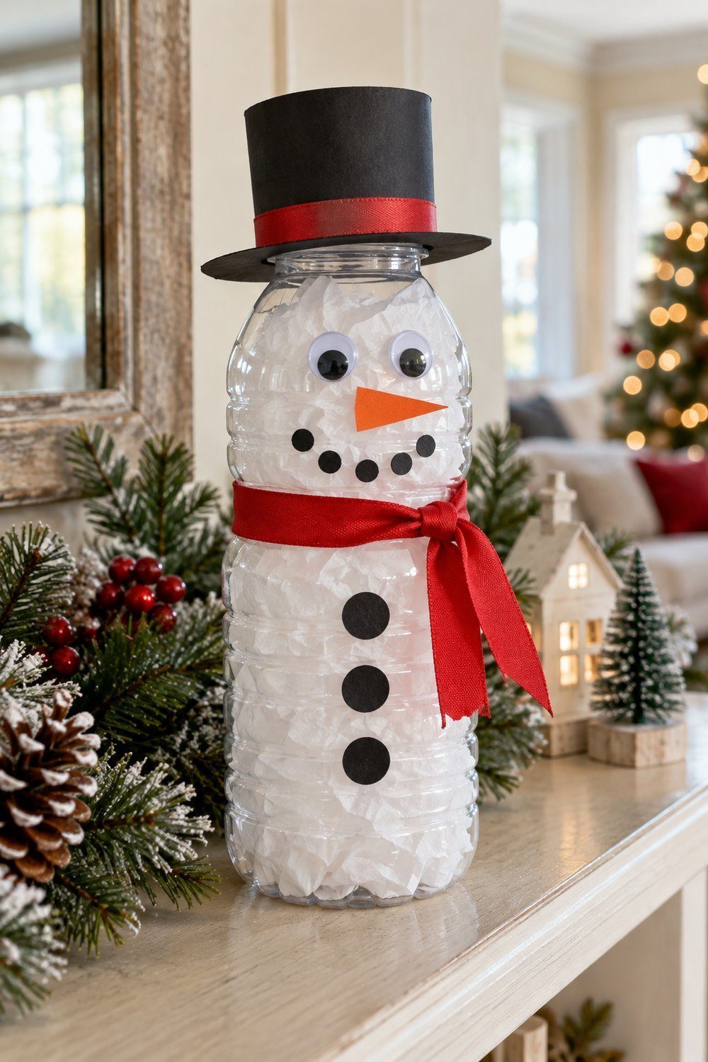 Christmas decorations made from plastic bottles Clear bottle snowman filled with tissue and wearing a red scarf
