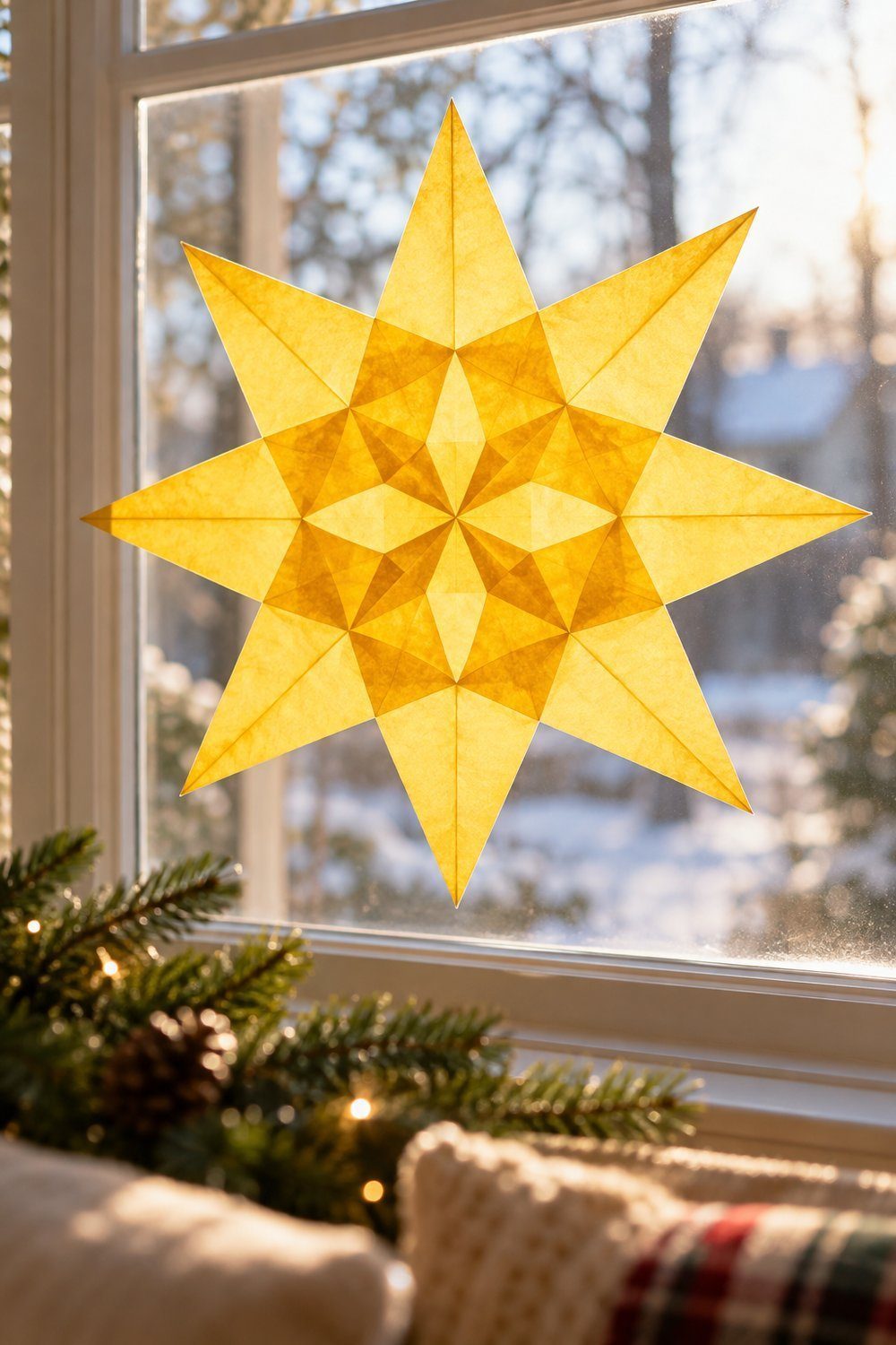 Eight-point translucent window star showing layered folds in bright winter daylight