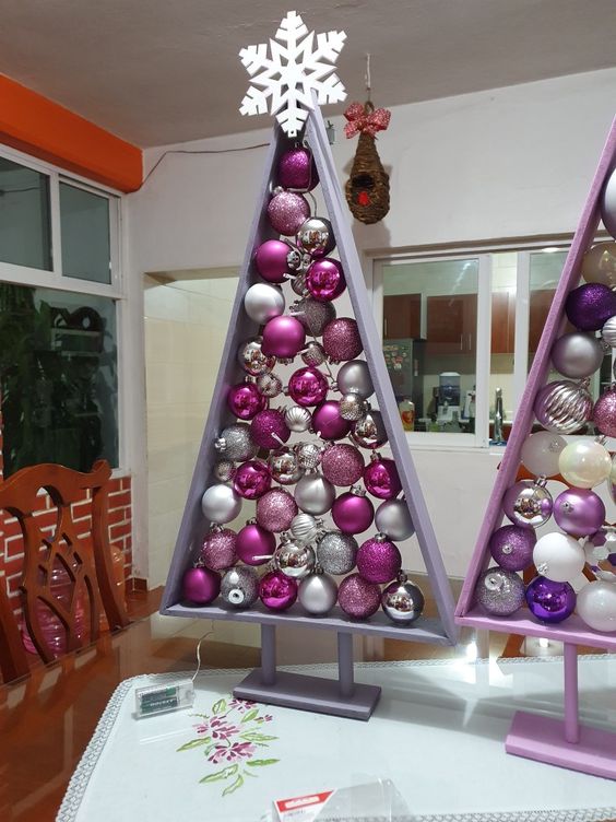 Triangular wooden Christmas tree with Christmas balls