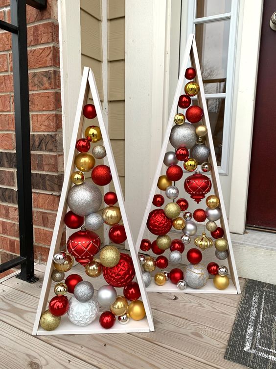 triangular wooden christmas tree with christmas balls 3