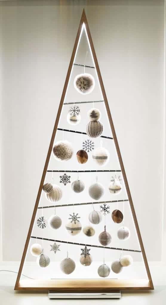 triangular wooden christmas tree with christmas balls