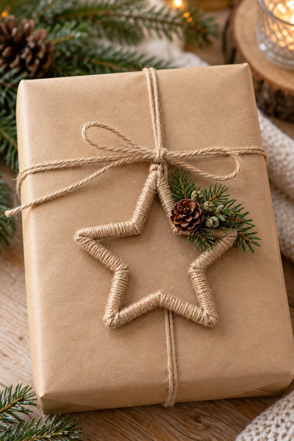 A rustic open center twine wrapped star with a tiny pinecone and greenery cluster decorates