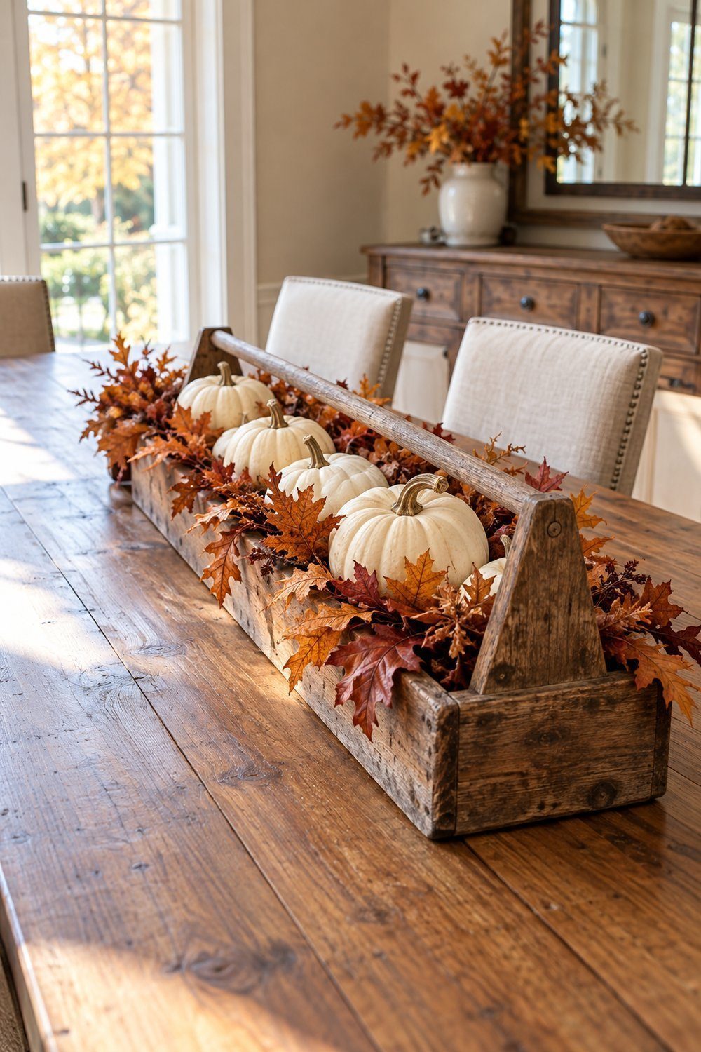 Vintage wooden toolbox filled with whole white pumpkins and autumn leaf garland