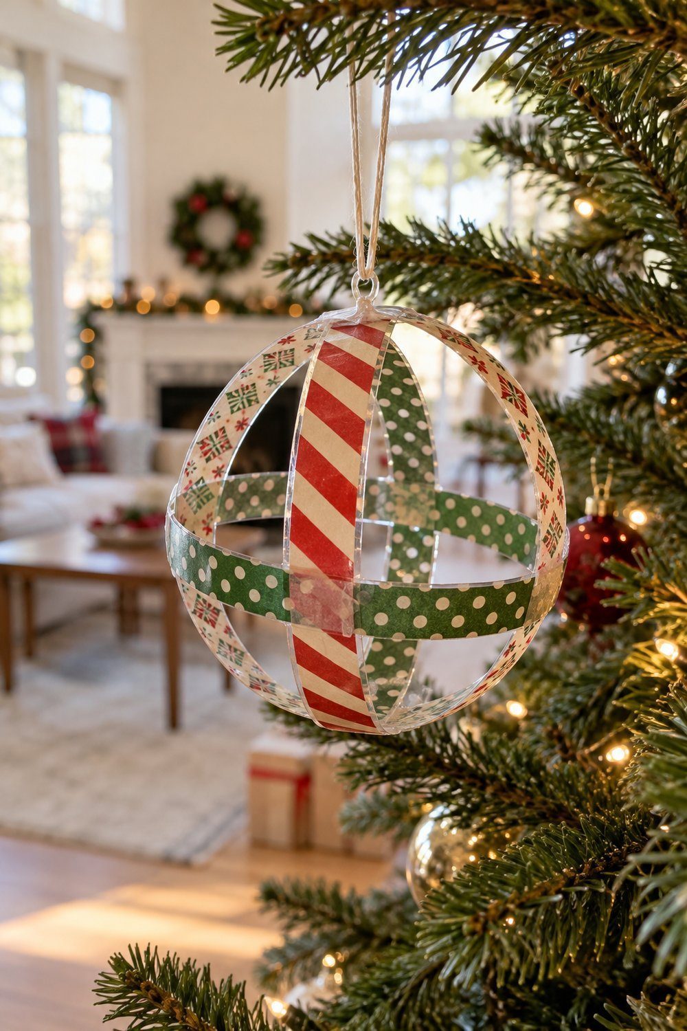 Christmas decorations made from plastic bottles Patterned washi-tape bottle rings forming an open Christmas tree ball