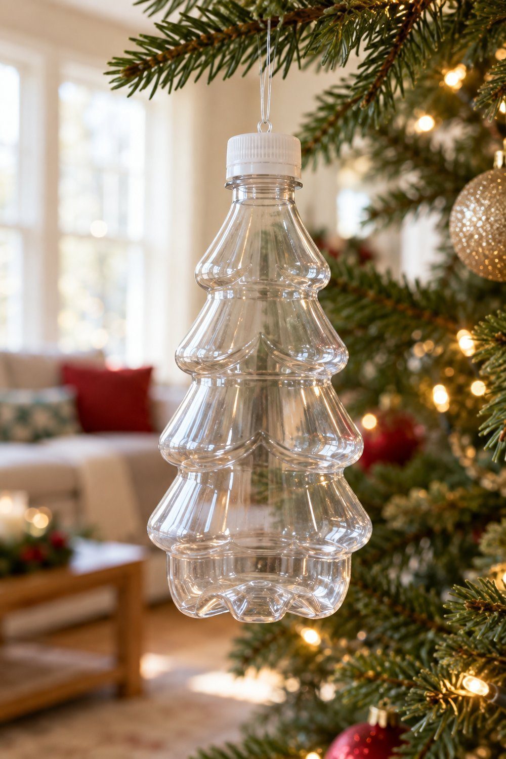 Christmas decorations made from plastic bottles Whole festive shaped plastic drink bottle hanging from a clear loop