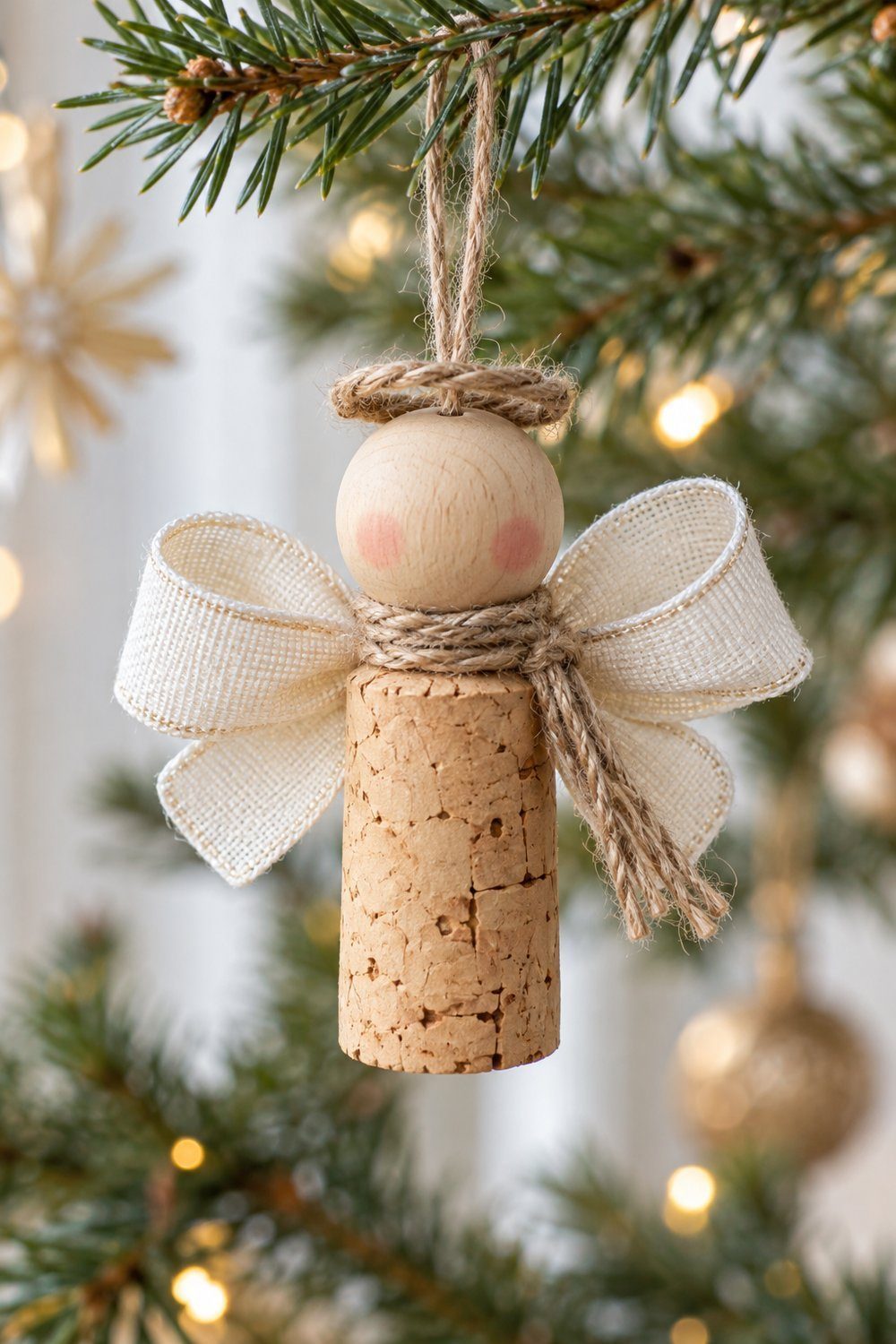 A natural wine cork angel with wooden ball head, faint rosy cheeks, cream ribbon bow