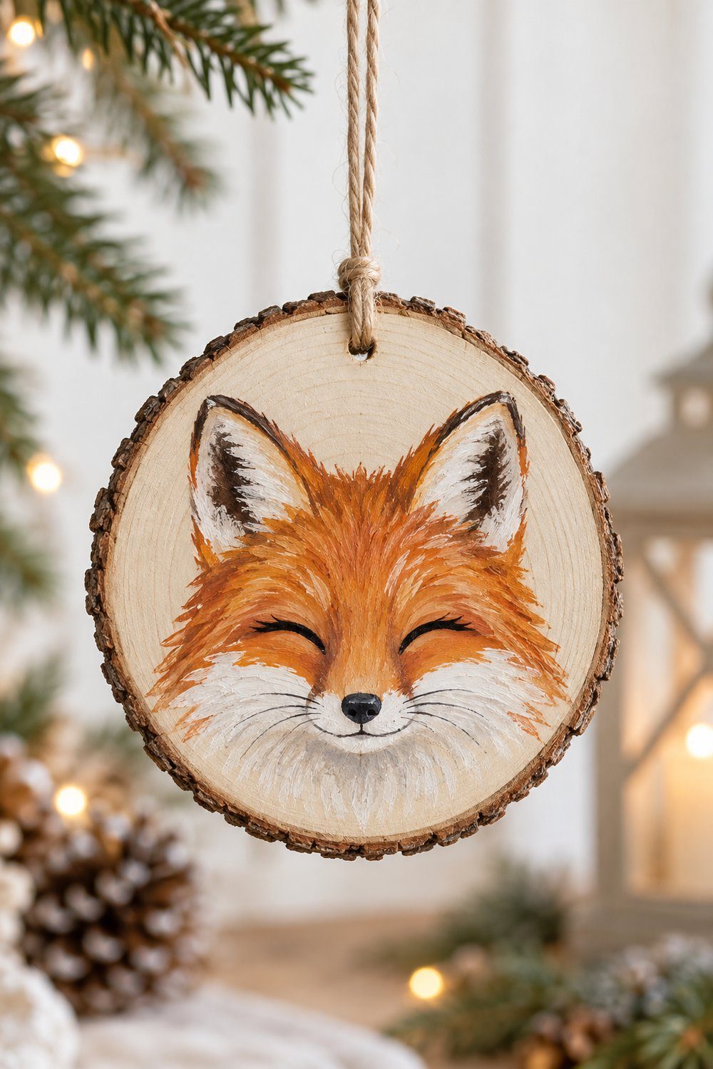 An orange fox face painted on a pale round wood slice with a bark rim