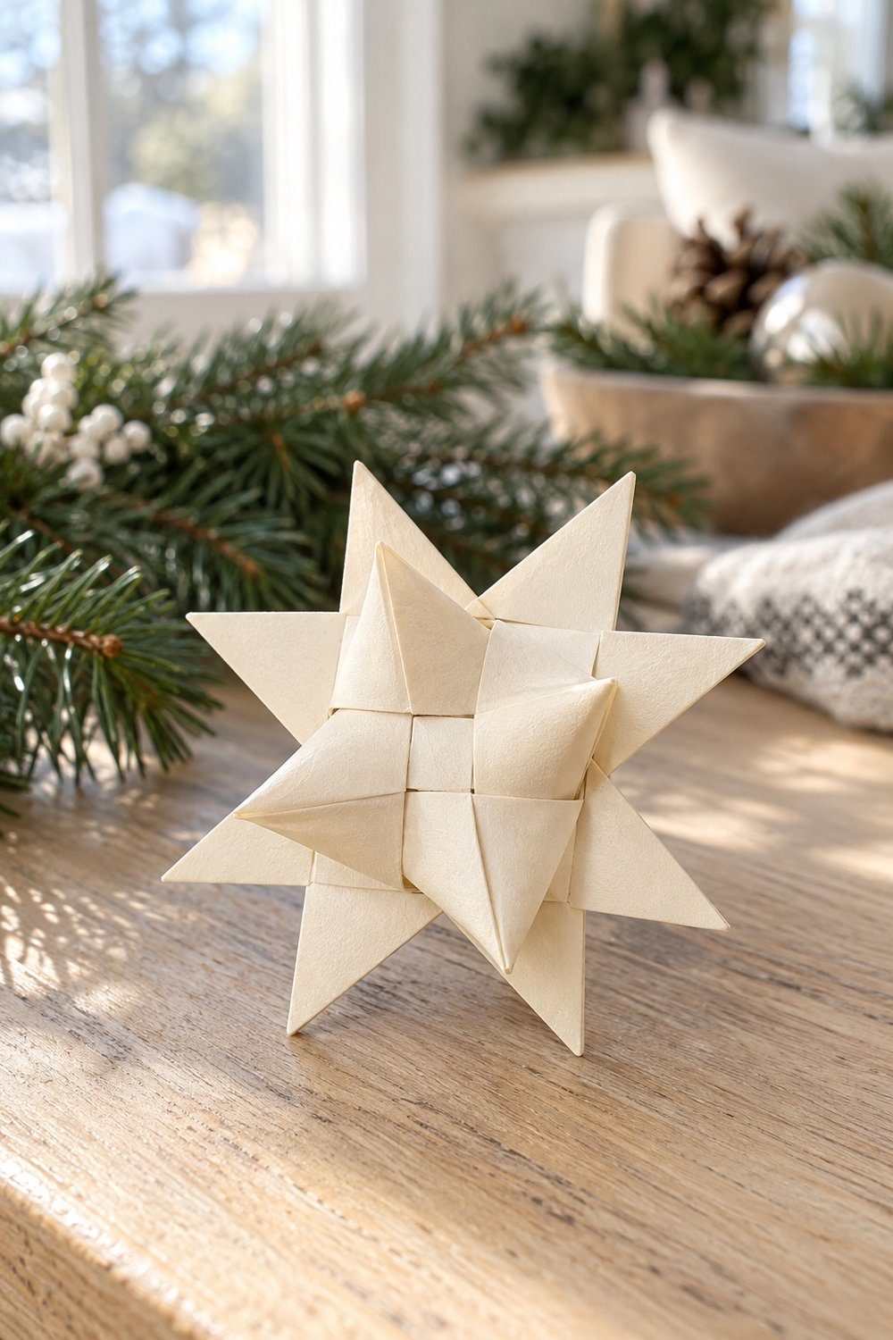 Traditional woven Froebel paper star with raised peaks on a branch