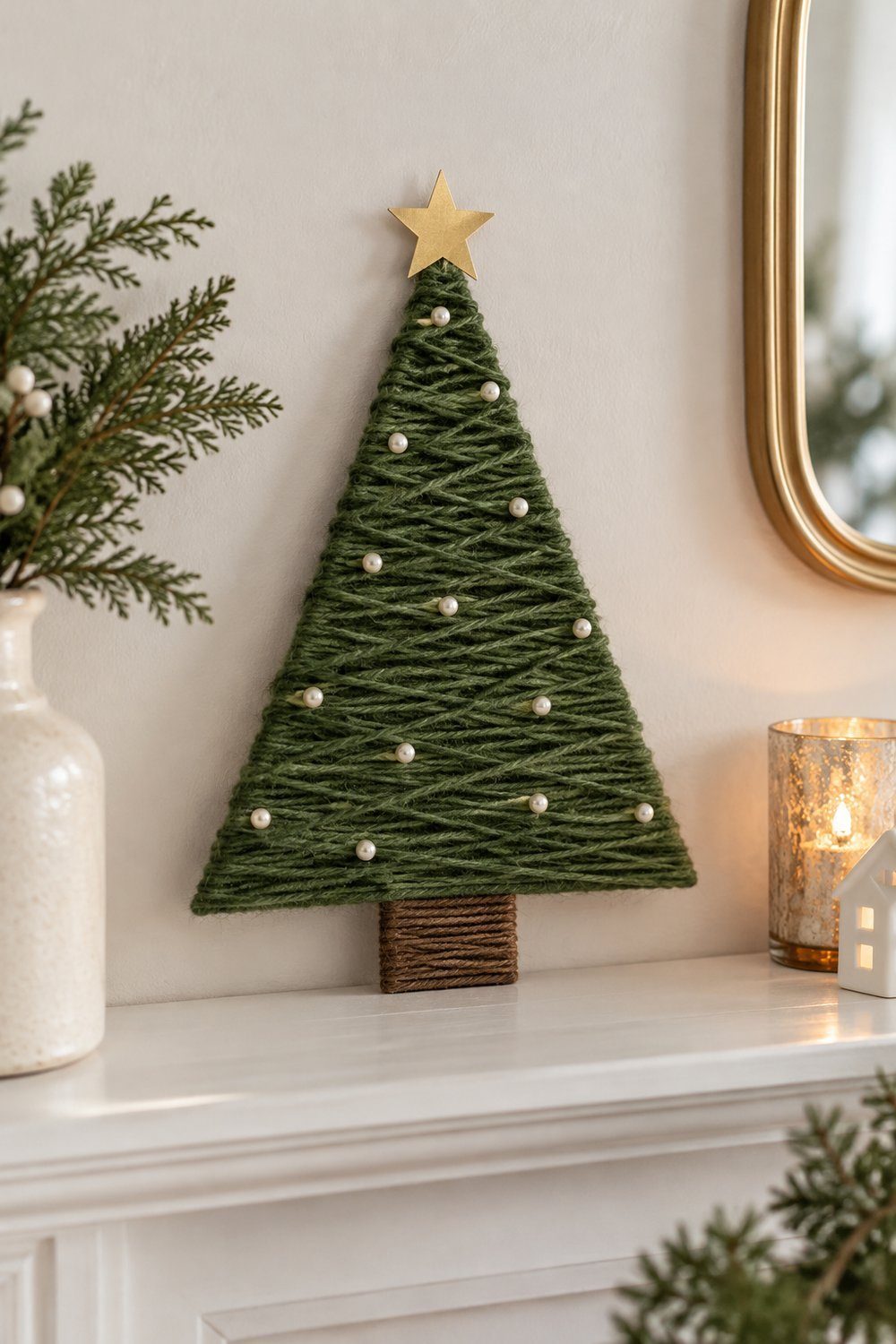 A flat green yarn wrapped triangular Christmas tree with brown yarn trunk gold paper star